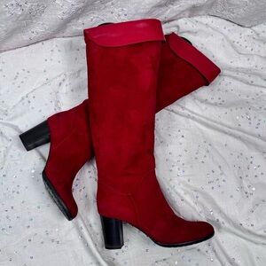 Handmade Italian Red Suede & Leather Knee High Boots – Size 6.5 / EU 36.5